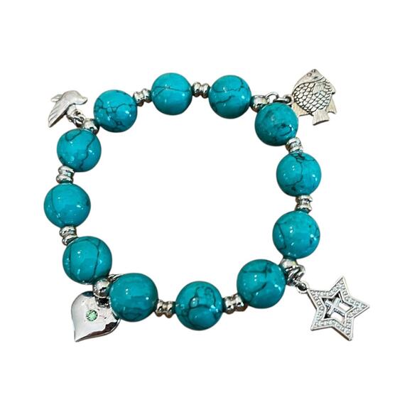 Beaded Stretch Silvertone Fish Feather Star Jerusalem Cross Bracelet Blue NWOT - Picture 10 of 12